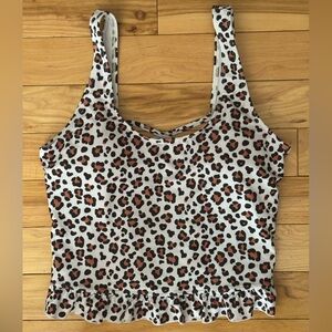 Janela Bay Snow Leopard Peplum Ruffle Criss Cross Open Back Tankini Top Size L